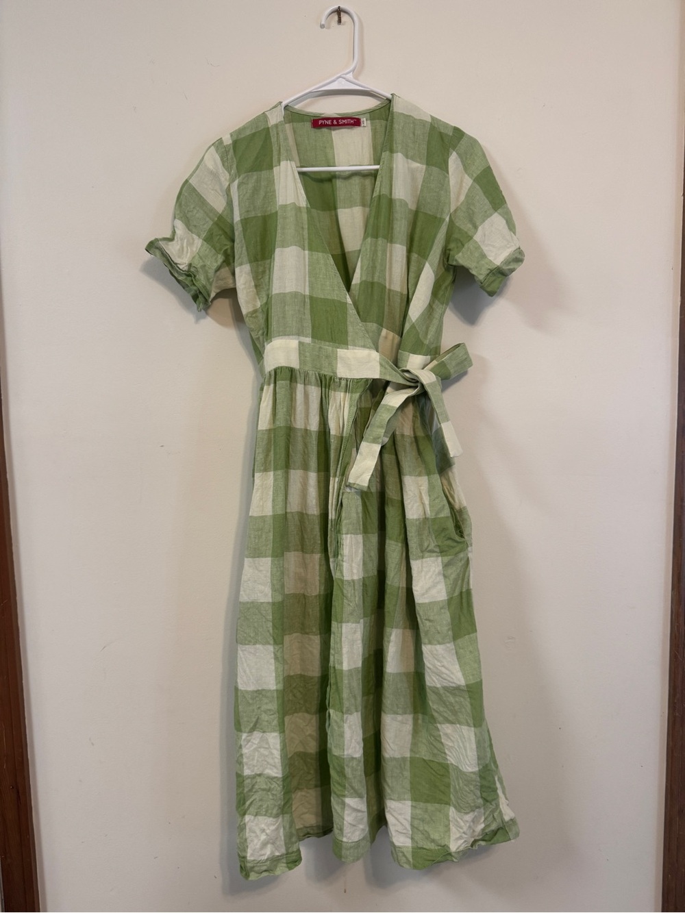 Pyne & Smith Wrap Midi Dress in Green Apple Check